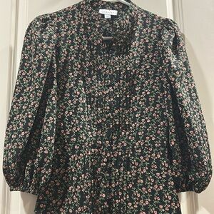 NWOT Topshop floral pleat button down band collar puff 3/4sleeve elastic cuff 0P
